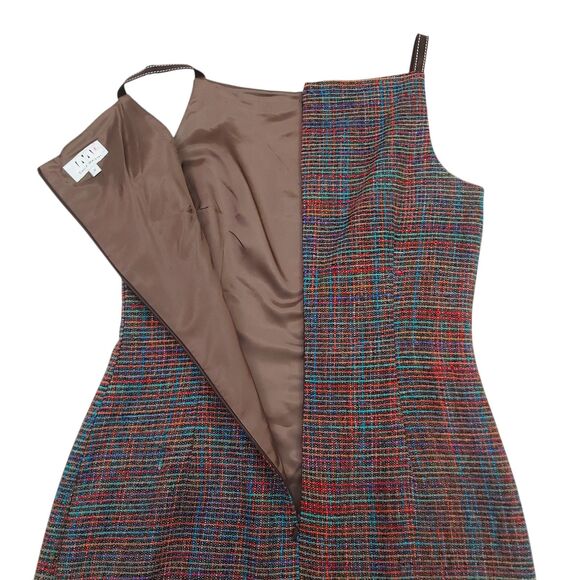 David Meister Dress Womens 8 Brown Sheath 100% Silk Sleeveless Pleated Tweed - Picture 8 of 12